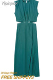 Yipinpay Cut Out Midi Dress Woman Backless Summer Long Dresses For Women 2023 Ruched Sleeveless Holiday Elegant Party Dresses