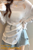 Yipinpay Neck Hollow Out Knitted Sweater Women Loose Sweet Y2k Aesthetic Jumpers Japanese Casual Split Pullovers Trendy Tops Shirts