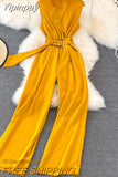 Yipinpay Women Wide Leg Pants Jumpsuit Sleeveless Sashes Casual High Waist Overalls Office Ladies Elegant Playsuits Plain 2023