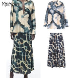Yipinpay 2023 Fashion Women Tie-Dye Printed Skirts Sets Summer Turn Down Collar Shirts Top Side Mid-Calf Casual Skirts