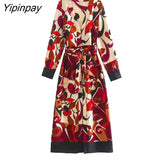 Yipinpay 2023 New Women Printed Dresses With Belt Spring Summer Fashion Ladies Party Mid-Calf Dresses Long Sleeve Elegant Vestidos