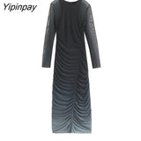 Yipinpay 2023 Spring Summer Folds Tulle Dresses Vintage Elegant Party Sheath Mid-Calf Dress Long Sleeve O-neck Vestidos