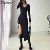 Yipinpay Black Long Sleeve Split Female Knitted Dress Autumn Winter Elegant V-neck Slim Midi-calf Bodycom Dress Women Vestidos