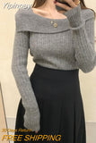 Yipinpay for Women 2023 Diagonal Collar Off Shoulder Solid Slim Pull Femme Y2k Top Sueter Mujer Long Sleeve Black Sweater Knitwear