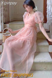 Yipinpay Princess Bubble Short Sleeve Pink Organza Dress Women Robe Vestidos Back Bow V Neck Boho Dress Summer