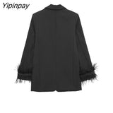Yipinpay 2023 Women Feather Blazer Jackets Spring Autumn Notched Office Outfits Pockets Coats Single Button Long Sleeve Chic Outwear