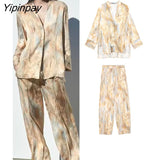 Yipinpay Women Summer Fashion Tie-Dyed Blouse Pants Sets 2023 Single Breasted Shirts Casual Printed Elastic Waist Pants Outwear