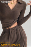 Yipinpay V-Neck Slim Fitness Women's T-Shirt Fashion New Long Sleeve Polo Shirt Woman High Waist Cropped Tops