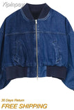 Yipinpay Patchwork Bomber Denim Jackets for Women 2023 Chic Stand Collar Front Zippers Coat Ladies Long Sleeve Loose New Outerwear