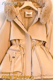 Yipinpay Parkas Women Outwear Hooded Hairy Collar Thick Warm Cotton Clothes Korean Fall Winter Jacket Drawstring Zipper Lady Coat