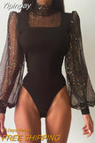 Yipinpay Women Chic Solid  Casual Sequin Lantern Sleeve High neck Sexy Bodycon Black Bodysuits
