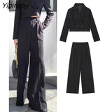 Yipinpay 2023 Women Solid Blazer Pant Sets Spring Autumn Long Sleeve Office Outfits Double Breasted Jacket Zipper Trouser Outwear