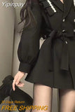 Yipinpay Fashion Black Mini Blazer Dress Women Elegant Chic Sashes Button Design Dress Winter Casual Sexy Evening Party Dress New