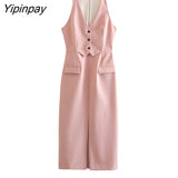 Yipinpay Elegant Women Solid Mid-Calf Dress 2023 Fashion Office Lady V-neck Party Vestidos Sleeveless Back Zipper Dresses Outwear