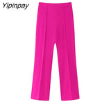 Yipinpay Women 2023 Elegant Blazer Suits Sets Fashion Long Sleeve Jacket With Belt Solid High Waisted Baggy Wide Leg Pants