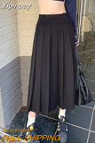 Yipinpay Korean Vintage Pleated Skirt Long Women Autumn Low Rise Preppy Style Casual A-Line Midi Skirt for Girls 90s Streetwear