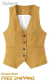 Yipinpay TRAF Fashion Linen Women's Vest 2023 Female Sleeveless V-Neck Vests for Women Single-breasted Ladies Casual Waistcoat Tops
