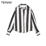 Yipinpay Fashion 2023 Autumn Women Striped Print Blouses Casual Loose Thin Tops Vintage Single Breasted Long Sleeve T-Shirts
