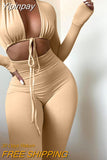 Yipinpay White Long Sleeve Sexy Rompers Women Jumpsuit Casual Hollow Out Lace Up Bodycon Jumpsuits 2023 Femme Workout Overalls