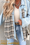 Yipinpay Oversized Plaid Patchwork Denim Jackets Women Casual Ripped Long Sleeve Lapel Neck Buttons Outerwear Spring Fall Coats
