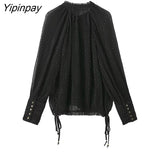 Yipinpay Loose Women Folds Blouses Shirt 2023 Spring Autumn Causal Bow Collar Long Sleeved Thin Tops Oversize Black T-Shirts