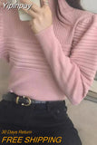 Yipinpay Puff Sleeve Turtleneck Sweater Women Elegant Solid Knitted Fashion Striped Pullover Tops Long Sleeve Slim Fall Jumper