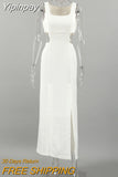 Yipinpay Hollow Out White Dress Women Fashion 2023 Elegant Square Collar Tank Split Dresses Party A-Line Sexy Long Dresses