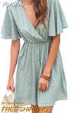 Yipinpay Boho Short Dresses for Women 2023 Short Sleeve Dot V-neck High Waist A-line Chiffon Evening Party Dress Streetwear