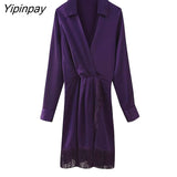 Yipinpay 2023 Women Mini Sexy Tassel Dresses Spring Summer Elegant Turn Down Collar Party Dress Long Sleeve Folds A-line Vestidos