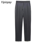 Yipinpay Ladies Solid Blazer Sets 2023 Pretty Strapless Single Breasted Tops Straight Trousers Basic Zipper Pants Causal Suits