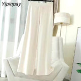 Yipinpay Autumn/Winter Women Pants Warm High Waist Loose Knitted Wide Leg Pants Baggy Side Slit Casual Pants Female