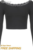 Yipinpay Women Crop Off-Shoulder Tops Lace Patchwork Long Sleeve T-Shirt Casual Pullovers Club Streetwear Aesthetic Clothes