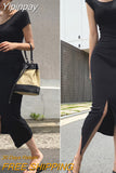Yipinpay Chic Fashion Summer Slim Wrap Hip Black O Neck Short Sleeve Split Dress Women Cotton All-match Clothing Vestidos Mujer