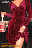 yipinpay Fashion Winter Long Sleeve V Neck Dress Bodycon Christmas Dresses For New Year 2023 Sexy Women Party Evening Mini Dress