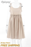 Yipinpay Cotton Linen Casual Dresses Lace Up Summer Vacation Spaghetti Strap Dress Oversize V-Neck Women Backless Dress 2023
