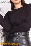 Yipinpay Womens Spring Autumn Casual Tops Solid Color Long Sleeve Feather Patchwork Blouse Soft And Comfortable Daily Wear S M L