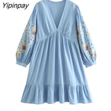 Yipinpay Fashin Women Embroidery Mini Dresses 2023 Summer Elegant V-neck Loose Solid Dress Causal A-line Long Sleeve Vestidos