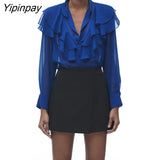 Yipinpay Women Fashion Thin Summer Solid Blouses Shirt 2023 Translucent Material Tops Vintage Single Breasted T-Shirts