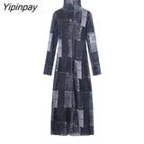 Yipinpay Elegant Women Patchwork Tulle Dresses Vintage Party Sheath Mid-Calf Dress Long Sleeve Turtleneck Vestidos Spring Autumn