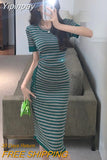 Yipinpay O Neck Short Sleeve Knitted Green Stripe Dress Bodycon Simple Slim Women Drawstring Vestidos De Mujer Sexy Dresses