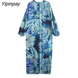 Yipinpay Women Printed Midi Dresses 2023 Spring Summer Fashion Ladies V-neck Party Mid-Calf Dresses A-line Long Sleeve Vestidos