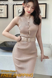 Yipinpay Temperament Sexy Slim Single-breasted O Sleeveless Stretch Knitted Bag Hip Dress Women Split Mini Fashion Bottom Wild Autumn