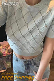 Yipinpay Argyle Knitted Korean Sweater Women 2023 Summer Short Sleeve O neck Knitwear Pullover Elegant Stylish Chic Tops Jumpers