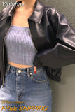 Yipinpay Fashion Trench Leather Jacket Women Streetwear Moto Biker Zipper Leather Jacket Casual High Street Cropped Leather Coat