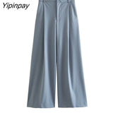 Yipinpay Women Fashion Spring Blazer Vest Pants Sets 2023 Casual Single Breasted Vest Top High Waist Zipper Wide Leg Pants Outwear