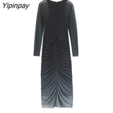 Yipinpay 2023 Spring Summer Folds Tulle Dresses Vintage Elegant Party Sheath Mid-Calf Dress Long Sleeve O-neck Vestidos