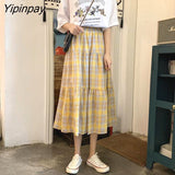 Yipinpay New Spring Summer Women Skirt Oversize Korean style A-line Harajuku Yellow plaid Long skirts High Waist female skirts