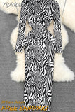 Yipinpay Stand Collar Long Midi Dress Woman Zebra Printed Vintage Y2K Partu Club Dresses Women Chic Korean Street Vestidos Lady