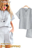 Yipinpay Summer New Cotton Linen Oversized Women's Shorts Sets Solid Fashion Short Sleeve T-shirt Top and Shorts 2 Piece Set Outfits