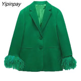 Yipinpay 2Pcs Spring Autumn Women Solid Blazer Suit 2023 Feather Office Outfits Elegant Jackets Coats Long Trousers Basic Outwear